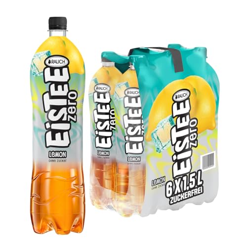 Rauch Eistee Zero Lemon | Durstlöschender, zuckerfreier Eistee | Genuss mit Zitronen Geschmack | Kalorienarme Erfrischung | Aus Schwarztee und Hagebutte | 6x 1,5 Liter PET Flasche von RAUCH Eistee