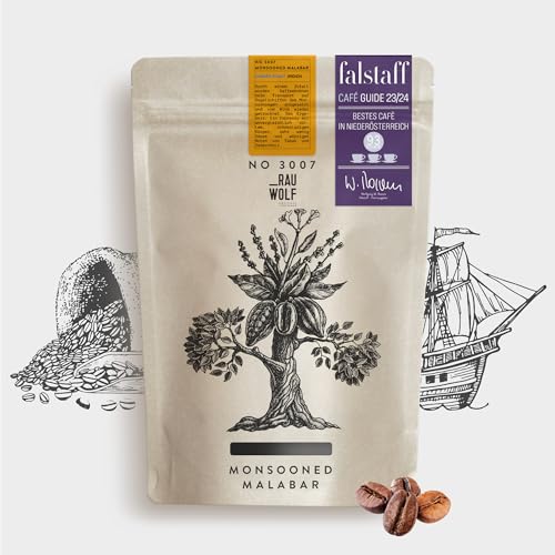 RAUWOLF RÖSTHAUS + BREWBAR Arabica Kaffeebohnen 3007 MONSOONED MALABAR [Falstaff prämiert] 250g Espresso ganze Bohnen für Kaffeevollautomat und Siebträgermaschine mit Mahlwerk von RAUWOLF RÖSTHAUS + BREWBAR