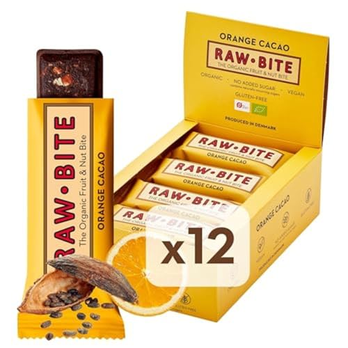 RAWBITE ORANGE CACAO in der 12er Box - Vegan, glutenfrei & ohne Zuckerzusatz (enthält von Natur aus Zucker) – Bio Frucht-Nuss-Riegel mit Orange & Kakao (12 x 50 g) von RAWBITE