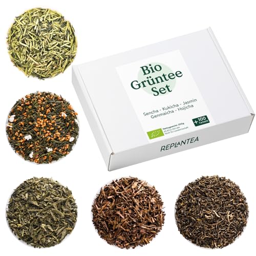 BIO Grünteeset 5er Pack Premium Lose Tees 200g (+100 Tassen) | Kukicha, Hojicha, Jasmin, Genmaicha, Sencha von REPLANTEA Cuidamos tu Naturaleza