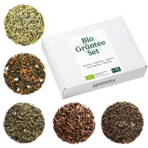 BIO GRÜNTEESET 5er Pack Premium Lose Tees 200g (+100 Tassen) | Kukicha, Hojicha, Jasmin, Genmaicha, Sencha von REPLANTEA Cuidamos tu Naturaleza