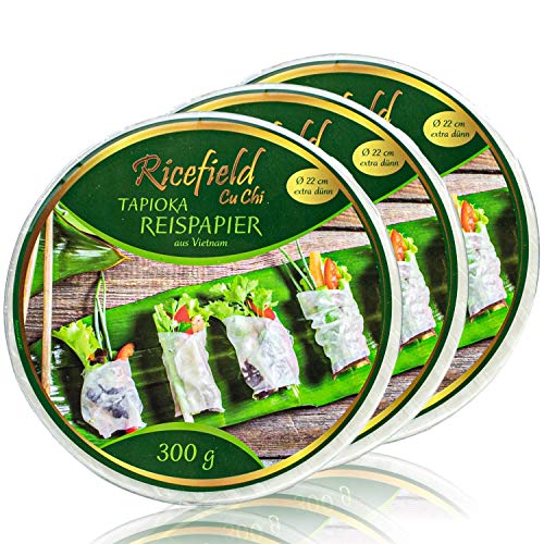 Ricefield - 3er Pack Tapioka Reispapier aus Vietnam für asiatische Sommerrollen und Frühlingsrollen in 300 g Packung - Premium Rice Paper 22 cm Durchmesser (extra dünn) von RICEFIELD