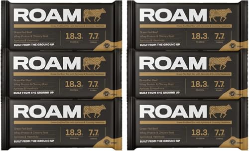 Roam Natürliche Protein Riegel, 6x45 Gramm FleischSnacks, ideal für die Carnivore-Diät, glutenfreie Trockenfleisch (6 x 45g Bars, Aprikosen und Haselnüssen) von ROAM