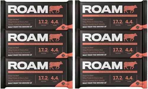 Roam Natürliche Protein Riegel, 6x45 Gramm FleischSnacks, ideal für die Carnivore-Diät, glutenfreie Trockenfleisch (6 x 45g Bars, Geräuchert Paprika, Mandeln und Cranberry) von ROAM