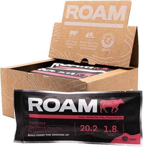 Roam Natürliche Protein Riegel, 6x45 Gramm FleischSnacks, ideal für die Carnivore-Diät, glutenfreie Trockenfleisch (6 x 45g Bars, Jalapéno-Chili) von ROAM