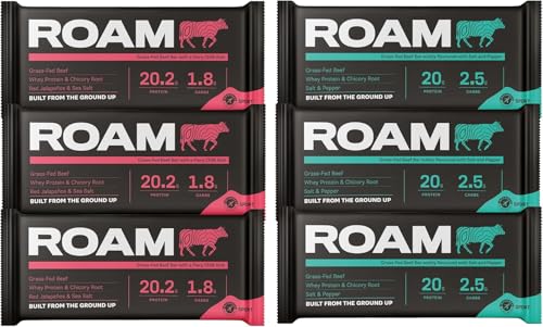Roam Natürliche Protein Riegel, 6x45 Gramm FleischSnacks, ideal für die Carnivore-Diät, glutenfreie Trockenfleisch (6 x 45g Bars, verschiedene herzhafte Gerichte) von ROAM
