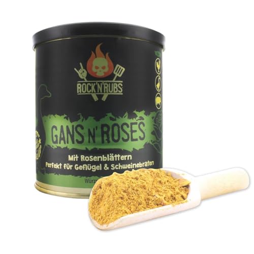Rock'N'Rubs Gans N Roses - Premium BBQ Rub - Gold Line Edition - Gewürzmischung, Seasoning Mix mit Curry-Gewürz, Kräutern, Salbei, Fenchel und Rosenblättern, 140g von ROCK`N RUBS