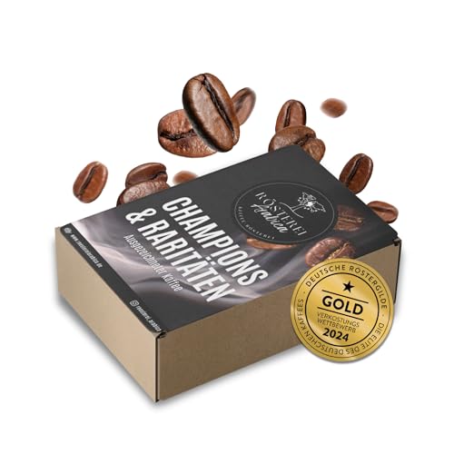 Gold Champion Kaffee Geschenkset | Ganze Bohne oder Gemahlen – 3 Goldmedaillen Cafés & Espressos + French Press & Schokolade Frisch Geröstet Hochwertiger Genuss von RÖSTEREI Arabica KAFFEE-RÖSTEREI