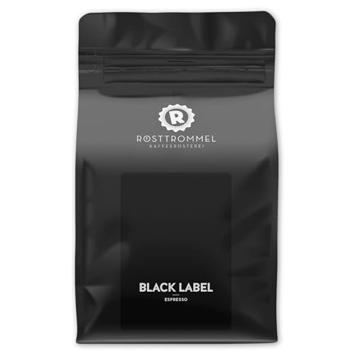 RÖSTTROMMEL BLACK LABEL - Special Blend ESPRESSO, Ganze Kaffee-Bohnen 1kg, 50% Arabica, 50% Canephora, Röstung 8.5/10, 50% Brasilien, 50% Indien, Geschmack: cremig - kräftig - zartbitter Schokolade von ROESTTROMMEL KAFFEERÖSTEREI