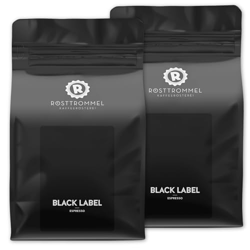 RÖSTTROMMEL BLACK LABEL - Special Blend ESPRESSO, Ganze Kaffee-Bohnen 2x1kg, 50% Arabica, 50% Canephora, Röstung 8.5/10, 50% Brasilien, 50% Indien, Geschmack: cremig - kräftig - zartbitter Schokolade von ROESTTROMMEL KAFFEERÖSTEREI