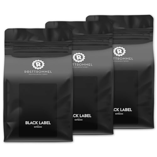 RÖSTTROMMEL BLACK LABEL - Special Blend ESPRESSO, Ganze Kaffee-Bohnen 3x1kg, 50% Arabica, 50% Canephora, Röstung 8.5/10, 50% Brasilien, 50% Indien, Geschmack: cremig - kräftig - zartbitter Schokolade von ROESTTROMMEL KAFFEERÖSTEREI