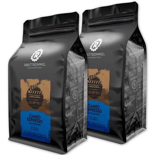 RÖSTTROMMEL Cameo, ESPRESSO, Ganze Kaffee-Bohnen 2x1kg, 50% Arabica, 50% Canephora, Röstung 8/10, 50% Brasilien, 50% Indien, Geschmack: Italienisch - Zartbitter - Schokol, nachhaltiger Spitzenkaffee von ROESTTROMMEL KAFFEERÖSTEREI