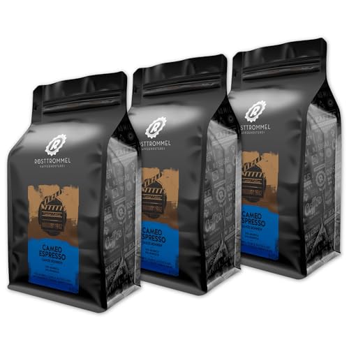 RÖSTTROMMEL Cameo, ESPRESSO, Ganze Kaffee-Bohnen 3x1kg, 50% Arabica, 50% Canephora, Röstung 8/10, 50% Brasilien, 50% Indien, Geschmack: Italienisch - Zartbitter - Schokol, nachhaltiger Spitzenkaffee von ROESTTROMMEL KAFFEERÖSTEREI