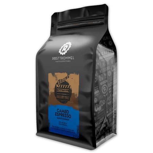 RÖSTTROMMEL Cameo, ESPRESSO, Ganze Kaffee-Bohnen 500g, 50% Arabica, 50% Canephora, Röstung 8/10, 50% Brasilien, 50% Indien, Geschmack: Italienisch - Zartbitter - Schokol, nachhaltiger Spitzenkaffee von ROESTTROMMEL KAFFEERÖSTEREI