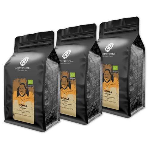 RÖSTTROMMEL Honduras, BIO-ESPRESSO, Ganze Kaffee-Bohnen 3x1kg, 100% Arabica, Röstung 6/10, Geschmack: Milchschokolade - Waffel - Sahne, nachhaltiger Spitzenkaffee, Premium Kaffee, (DE-ÖKO-001) von ROESTTROMMEL KAFFEERÖSTEREI