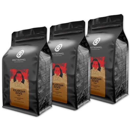 RÖSTTROMMEL Indien, ESPRESSO, Ganze Kaffee-Bohnen 3x1kg, 100% Arabica, Röstung 6/10, Geschmack: Kakao - Nougat - Kirsche, nachhaltiger Spitzenkaffee, ausgezeichnete Kaffeefarm von ROESTTROMMEL KAFFEERÖSTEREI