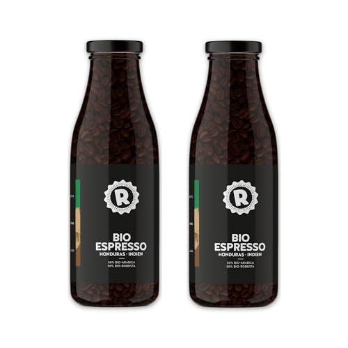 RÖSTTROMMEL Milchflasche, BIO-ESPRESSO, Ganze Kaffee-Bohnen 2x365g, 50% Arabica, 50% Canephora, Röstung 8/10, 50% Peru, 50% Indien, Geschmack: cremig - stark - Schokolade, nachhaltiger Spitzenkaffee RÖSTTROMMEL Milchflasche, BIO-ESPRESSO, Ganze Kaffee-Bohnen 2x365g, 50% Arabica, 50% Canephora, Röstung 8/10, 50% Peru, 50% Indien, Geschmack: cremig - stark - Schokolade, nachhaltiger Spitzenkaffee von ROESTTROMMEL KAFFEERÖSTEREI