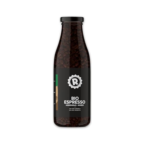 RÖSTTROMMEL Milchflasche, BIO-ESPRESSO, Ganze Kaffee-Bohnen 365g, 50% Arabica, 50% Canephora, Röstung 8/10, 50% Peru, 50% Indien, Geschmack: cremig - stark - Schokolade, nachhaltiger Spitzenkaffee von ROESTTROMMEL KAFFEERÖSTEREI