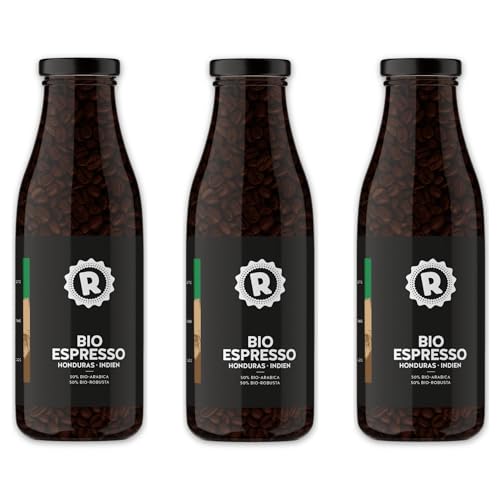 RÖSTTROMMEL Milchflasche, BIO-ESPRESSO, Ganze Kaffee-Bohnen 3x365g, 50% Arabica, 50% Canephora, Röstung 8/10, 50% Peru, 50% Indien, Geschmack: cremig - stark - Schokolade, nachhaltiger Spitzenkaffee von ROESTTROMMEL KAFFEERÖSTEREI