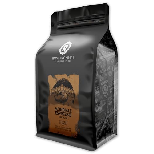 RÖSTTROMMEL Mondiale, ESPRESSO, Ganze Kaffee-Bohnen 1kg, 50% Arabica, 50% Robusta, Röstung 8/10, 50% Brasilien, 50% Indien, Geschmack: cremig - kräftig - Schokolade, nachhaltiger Spitzenkaffee von ROESTTROMMEL KAFFEERÖSTEREI