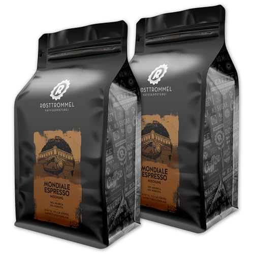 RÖSTTROMMEL Mondiale, ESPRESSO, Ganze Kaffee-Bohnen 2x1kg, 50% Arabica, 50% Robusta, Röstung 8/10, 50% Brasilien, 50% Indien, Geschmack: cremig - kräftig - Schokolade, nachhaltiger Spitzenkaffee von ROESTTROMMEL KAFFEERÖSTEREI