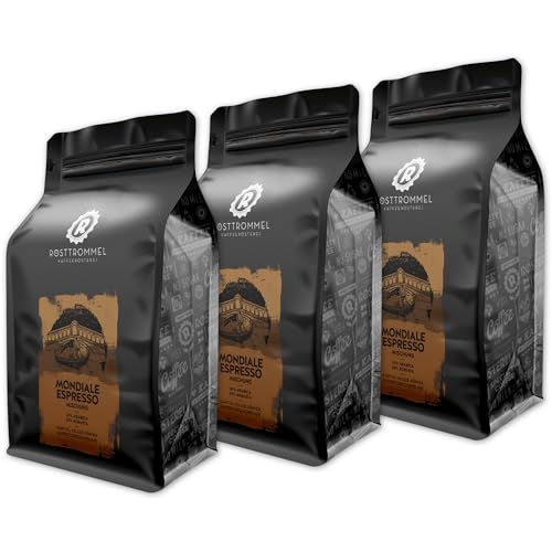 RÖSTTROMMEL Mondiale, ESPRESSO, Ganze Kaffee-Bohnen 3x1kg, 50% Arabica, 50% Robusta, Röstung 8/10, 50% Brasilien, 50% Indien, Geschmack: cremig - kräftig - Schokolade, nachhaltiger Spitzenkaffee von ROESTTROMMEL KAFFEERÖSTEREI