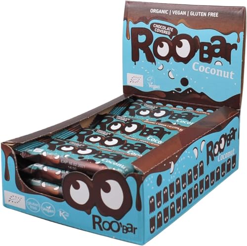 Roobar Kokos-Riegel mit Schokoladenüberzug – 100% Bio, Vegan, Fruchtriegel, milchfrei & glutenfrei, ohne raffinierten Zucker - 16 x 30g Riegel von ROOBAR