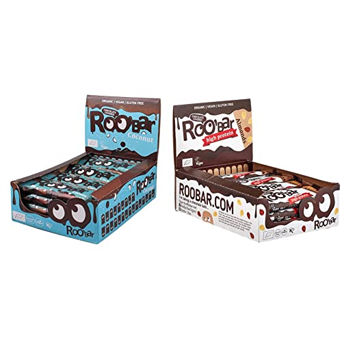 Roobar Kokos-Riegel mit Schokoladenüberzug – 100% Bio, Vegan, milchfrei & glutenfrei, ohne raffinierten Zucker - 16 x 30g Riegel & High Protein Mandel-Riegel mit Schokoladenüberzug - 16 x 40g Riegel von ROOBAR