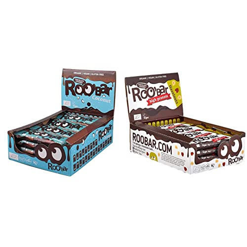 Roobar Kokos-Riegel mit Schokoladenüberzug – 100% Bio, Vegan, milchfrei & glutenfrei, ohne raffinierten Zucker - 16x30g Riegel & High Protein Haselnuss-Riegel mit Schokoladenüberzug - 16x40g Riegel von ROOBAR