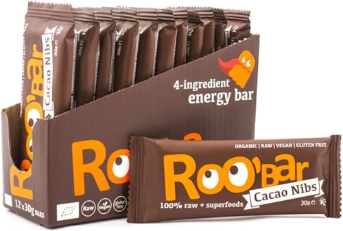 Roobar Rohkostriegel Kakaonibs - Milchfrei & Glutenfrei, 100% Bio, Vegan, Superfoods, ohne raffinierten Zucker - 12 x 30g Superfood-Riegel von ROOBAR