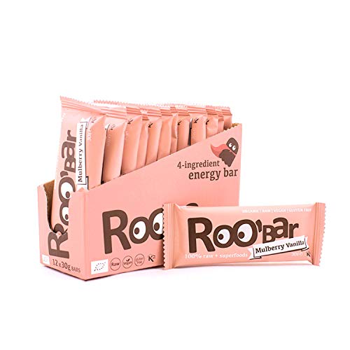 Roobar Rohkostriegel Maulbeere & Vanille – Milchfrei & Glutenfrei, 100% Bio, Vegan, Roh, mit Superfoods für eine optimale Ernährung, Ohne Zusatz von raffiniertem Zucker – 12 x 30g Riegel in einer Box von ROOBAR