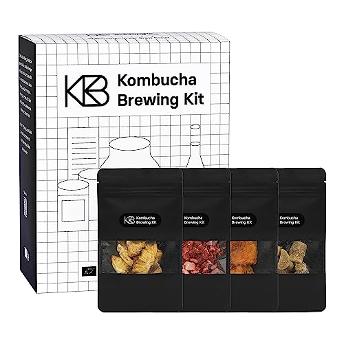 Kombucha Brewing Kit Infusion Bundle, Kombucha Starter Set mit Bio-SCOBY Starterkultur, Kombucha Pilz und 4 Infusion-Geschmacksrichtungen, mit Gärgefäß, Bügelflasche, Bio-Rohrohrzucker, Glasstrohhalm von ROY Kombucha Brewery Berlin