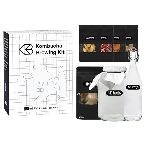 Kombucha Brewing Kit XL Bundle, Kombucha Starter Set mit 2x Bio-SCOBY Starterkultur, Kombucha Pilz, 4 Infusion-Geschmacksrichtungen, mit 2x Gärgefäß, 2x Bügelflasche, Bio-Rohrohrzucker, Glasstrohhalm von ROY Kombucha Brewery Berlin
