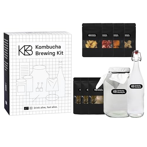 Kombucha Brewing Kit XL Bundle, Kombucha Starter Set mit 2x Bio-SCOBY Starterkultur, Kombucha Pilz, 4 Infusion-Geschmacksrichtungen, mit 2x Gärgefäß, 2x Bügelflasche, Bio-Rohrohrzucker, Glasstrohhalm von ROY Kombucha Brewery Berlin