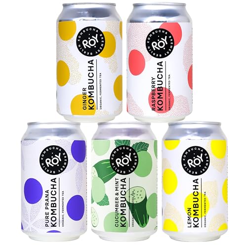 ROY Kombucha Probierpaket Bio mit 5 Sorten, 12 Dosen à 330 ml Bio Kombucha, handgefertigt in unserer Berliner Brauerei, vegan, glutenfrei, laktosefrei, 12er Pack, inkl. 3,00 € Pfand von ROY Kombucha Brewery Berlin