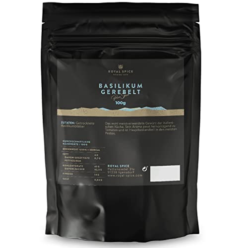 Royal Spice 100% Basilikum getrocknet und gerebelt 100g - Ideal für die italienische & mediterrane Küche auf Tomaten, Mozzarella & zu Pestos - Italienische getrocknete Kräuter Royal Spice 100% Basilikum getrocknet und gerebelt 100g - Ideal für die italienische & mediterrane Küche auf Tomaten, Mozzarella & zu Pestos - Italienische getrocknete Kräuter von ROYAL SPICE