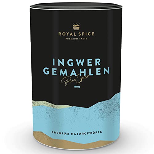 Royal Spice 100% Ingwer gemahlen 80g - Natürliches, würzig scharfes Ingwerpulver in Spitzenqualität für frischen Ingwer Tee, zum Kochen, Würzen & Zubereitung von Curry, Sauce, Suppe & Marinade von ROYAL SPICE