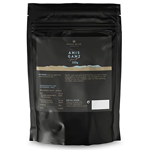 Royal Spice Anis Ganz 300g - Anis Samen Ganz für den Einsatz zum Kochen & Backen und Herstellung von Tee & Likör - 100g, 300g & 1kg - Anissamen Ganz in Spitzenqualität aus dem Hauptanbaugebiet Royal Spice Anis Ganz 300g - Anis Samen Ganz für den Einsatz zum Kochen & Backen und Herstellung von Tee & Likör - 100g, 300g & 1kg - Anissamen Ganz in Spitzenqualität aus dem Hauptanbaugebiet von ROYAL SPICE