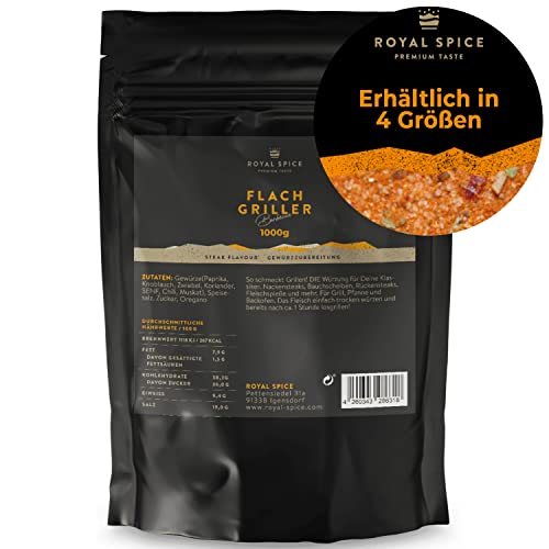 Royal Spice Flachgriller 1000g - BBQ Gewürzmischung & Grillgewürz für Küche und Grill - Bester, klassischer Grillgeschmack - Ein MUSS für Nackensteak, Rückensteak, Bauchscheiben, Fleischspieße uvm! von ROYAL SPICE