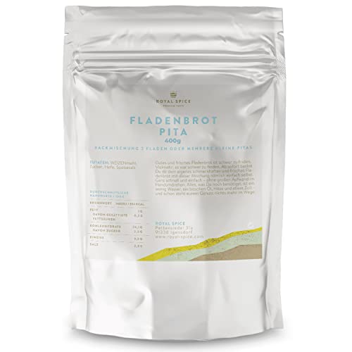 Royal Spice Fladenbrot Pita Backmischung 400g - Fladenbrot Backmischung für Dein eigenes schmackhaftes und frisches Fladenbrot oder kleine Pitas - Fertigmischung ideal für Gyros und Döner Fladenbrot Royal Spice Fladenbrot Pita Backmischung 400g - Fladenbrot Backmischung für Dein eigenes schmackhaftes und frisches Fladenbrot oder kleine Pitas - Fertigmischung ideal für Gyros und Döner Fladenbrot von ROYAL SPICE