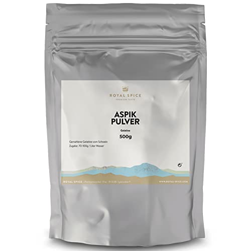 Royal Spice Gemahlenes Gelatine Pulver/Aspikpulver 200 Bloom - 500g - Für ideale Bindung und beste Ergebnisse - Aspik Gelatine perfekt zur Verarbeitung in Wurstwaren und zum Kochen Royal Spice Gemahlenes Gelatine Pulver/Aspikpulver 200 Bloom - 500g - Für ideale Bindung und beste Ergebnisse - Aspik Gelatine perfekt zur Verarbeitung in Wurstwaren und zum Kochen von ROYAL SPICE