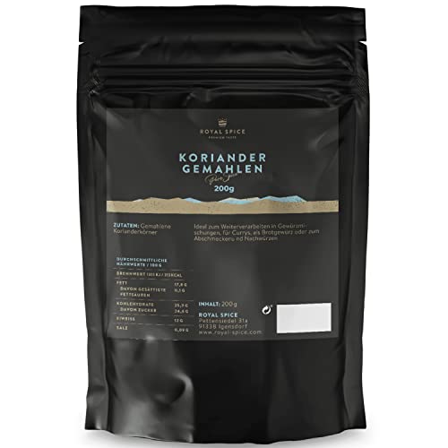 Royal Spice Koriander Gemahlen 200g - 100% Koriandersaat gemahlen zum Backen oder Wursten - Perfekt für Brot & Teige, Rub Gewürzmischungen & Currys - Koriander schonend getrocknet und gemahlen von ROYAL SPICE