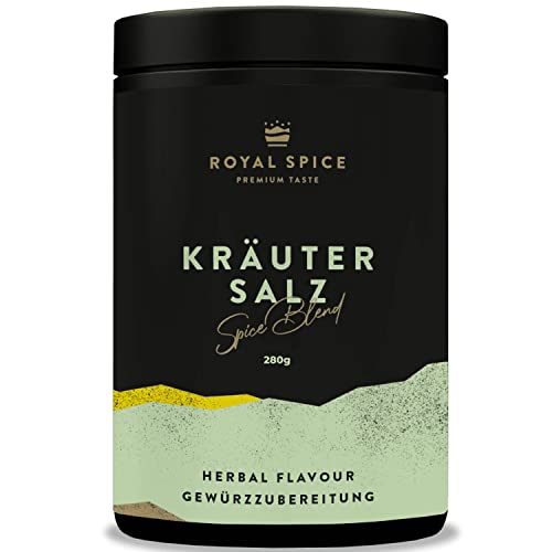 Royal Spice Kräutersalz 280g - Harmonisches Kräutersalz zum Verfeinern & Würzen - Kräuter Salz perfekt für Tomate Mozzarella, Fleisch, Fisch, Wild, Salaten, Bowls, als Dip- & Kräuterbutter Gewürz Royal Spice Kräutersalz 280g - Harmonisches Kräutersalz zum Verfeinern & Würzen - Kräuter Salz perfekt für Tomate Mozzarella, Fleisch, Fisch, Wild, Salaten, Bowls, als Dip- & Kräuterbutter Gewürz von ROYAL SPICE