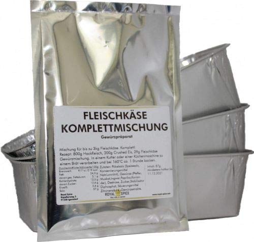 Royal Spice Leberkäse Komplett Set - Fleischkäse Gewürzmischung 87g inkl. Kutterhilfsmittel mit Umrötung & Nitrit Pökelsalz & Alu-Schalen - Für bis zu 3 Kg Gesamtmasse - Bayrischer Leberkäse von ROYAL SPICE