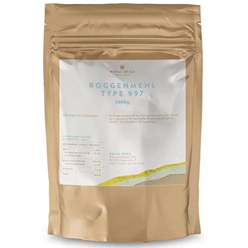 Royal Spice Roggenmehl 997 1kg - Roggenmehl Type 997 als Kräftiges Brotmehl mit hohem Ausmahlgrad - Besonders geeignet für herzhafte Brote und Brötchen und ideal in Kombination mit Sauerteig von ROYAL SPICE
