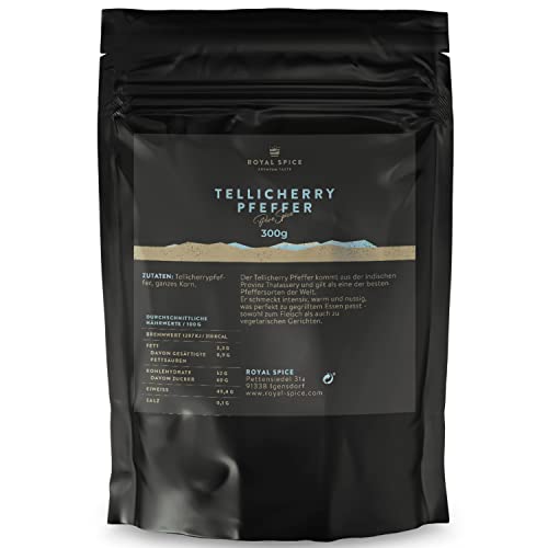 Royal Spice Schwarzer Tellicherry Pfeffer Ganz 300g - Echte Tellicherry Pfefferkörner Schwarz von der Malabarküste Indiens - Intensiver, warmer und nussiger Geschmack - Ideal für die Mühle & Mörser von ROYAL SPICE