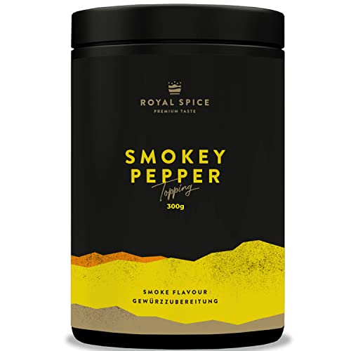 Royal Spice Smokey Pepper 300g - Schwarzer Sulawesi Pfeffer + weißer Malabar Pfeffer + handgeschöpftes andalusisches Meersalz - Schonend geräuchert & grob geschrotet - Perfekt als Steak Gewürz von ROYAL SPICE