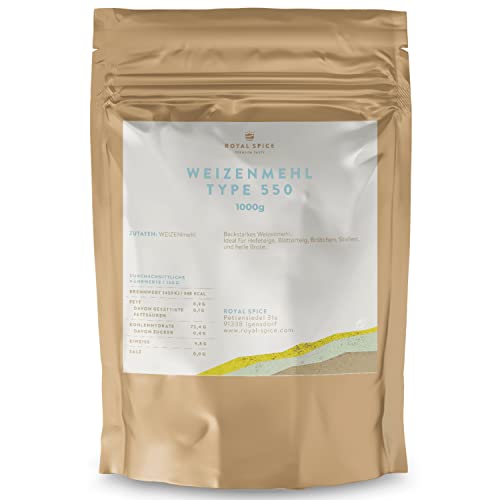 Royal Spice Weizenmehl 550 1kg - Backstarkes Weizenmehl Type 550 für Hefeteige, Blätterteig, Brötchen, Stollen & helle Brote - Mehl mit hohem Proteingehalt für gut knetbare und formbare Teige Royal Spice Weizenmehl 550 1kg - Backstarkes Weizenmehl Type 550 für Hefeteige, Blätterteig, Brötchen, Stollen & helle Brote - Mehl mit hohem Proteingehalt für gut knetbare und formbare Teige von ROYAL SPICE