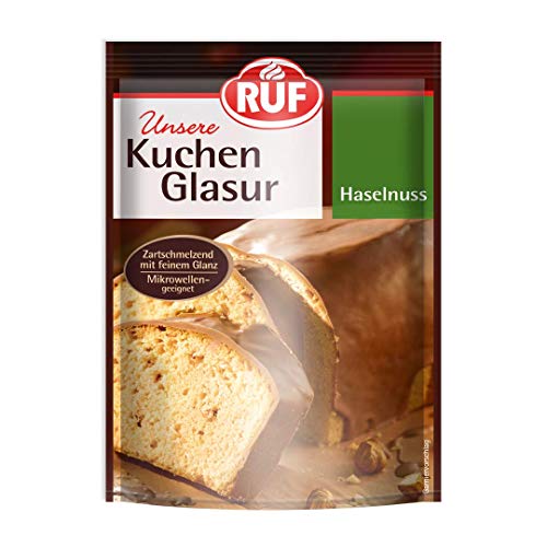 RUF Kuchen-Glasur Haselnuss im Beutel, mikrowellengeeignet, zum Glasieren von Nuss-Kuchen, Torten & Brownies, glutenfrei, 16er Pack (16 x 100g) von RUF
