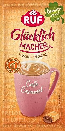 RUF Glücklichmacher Tassenpudding Café Caramel, Cremepudding für schnelle Desserts, Tassencremepudding, nur Wasser hinzufügen, 1 x 59g Beutel von RUF
